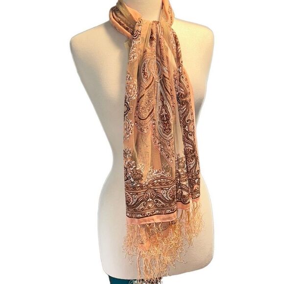 No Brand Accessories - Delicate pink and peach shawl, scarf, wrap see through mesh & tassels 60 in long